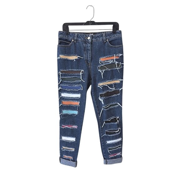 Jeremy Scott Ripped Denim Jeans Size 8 Multicolor Lamb Leather Patches Italy - Picture 4 of 10